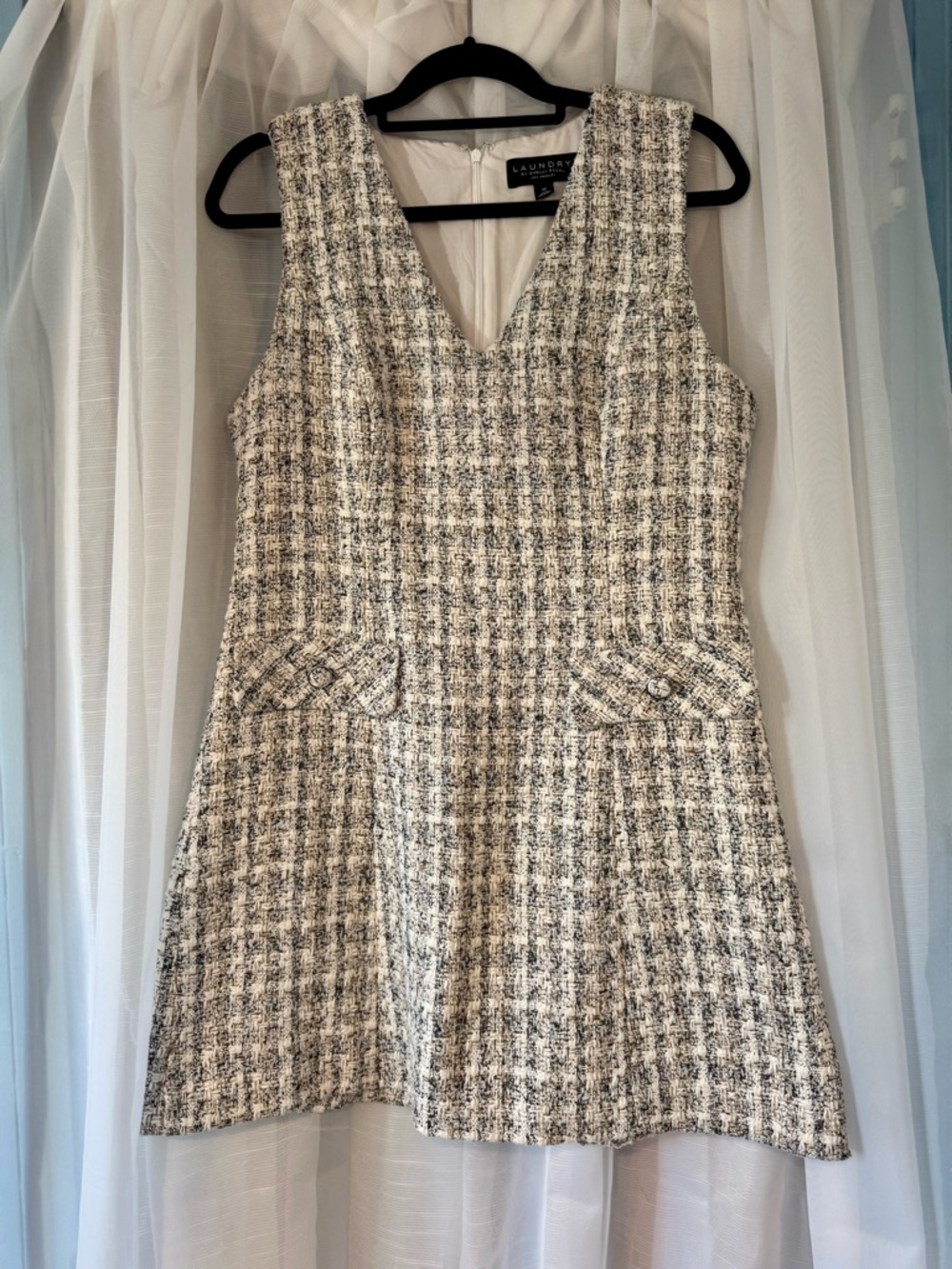 Laundry By Shelli Segal Cream and Black Tweed V-Neck Mini Dress